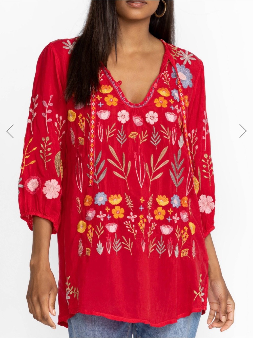 Johnny‎ Was Mikah Embroidered Floral Tunic Blouse 3/4 Sleeve Women's XS Red NWT